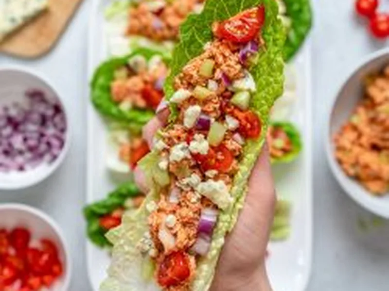 Buffalo Chicken Lettuce Wraps with Blue Cheese and Celery