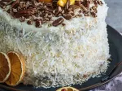 Three-Layer Citrus Italian Cream Cake with Coconut Pecan Frosting
