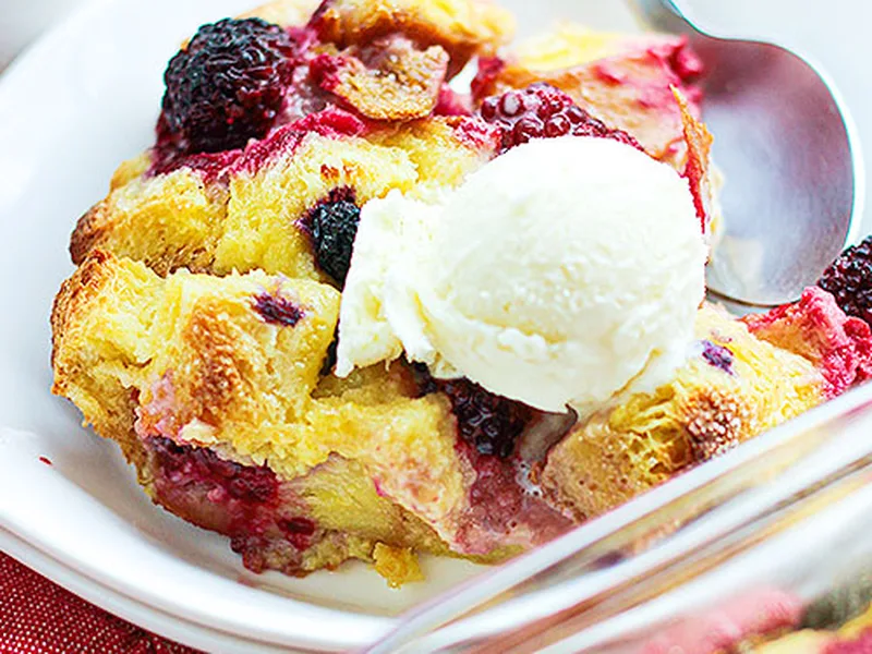 Mixed Berry Challah Bread Pudding with Custard and Lime