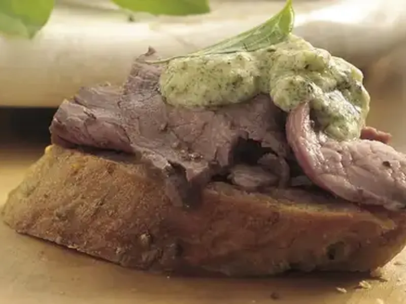 Beef Tenderloin Crostini with Basil Pesto Mayonnaise