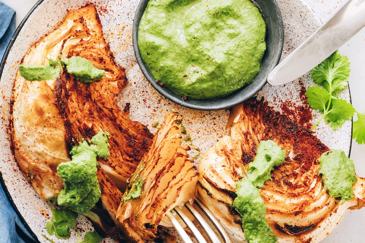Shawarma Spiced Roasted Cabbage Wedges with Green Chutney | EasyCook