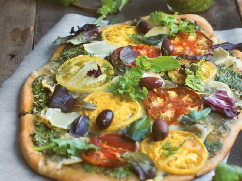 Whole Wheat Pesto Pizza with Tomatoes and Brie