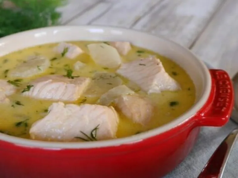 Low Carb Salmon Soup with Daikon and Dill