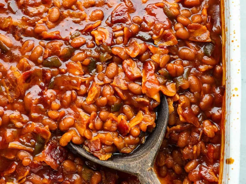 Classic Bacon Brown Sugar Baked Beans with Peppers and Onions