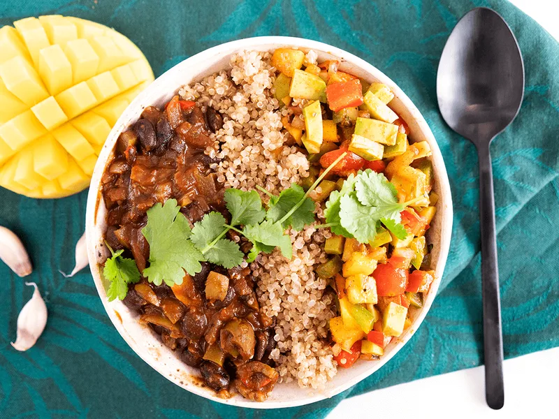 Black Bean Quinoa Bowl with Mango Avocado Salsa