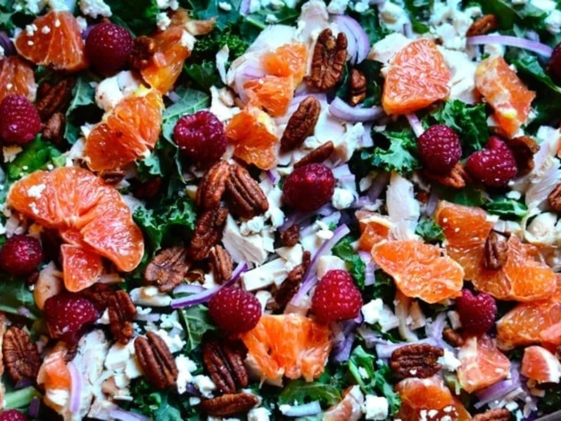 Chicken Orange Kale Salad with Spicy Pecans and Feta
