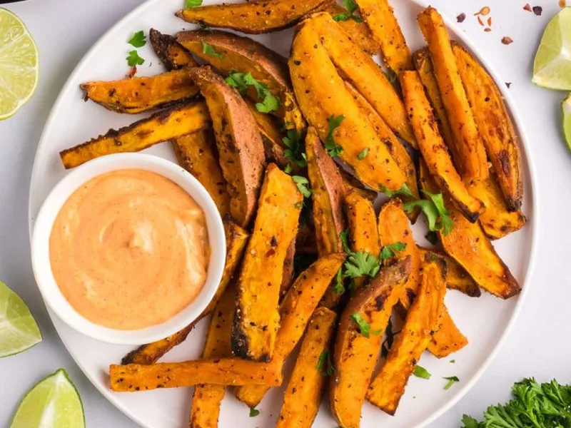 Air Fryer Sweet Potato Wedges with Spicy Mayo
