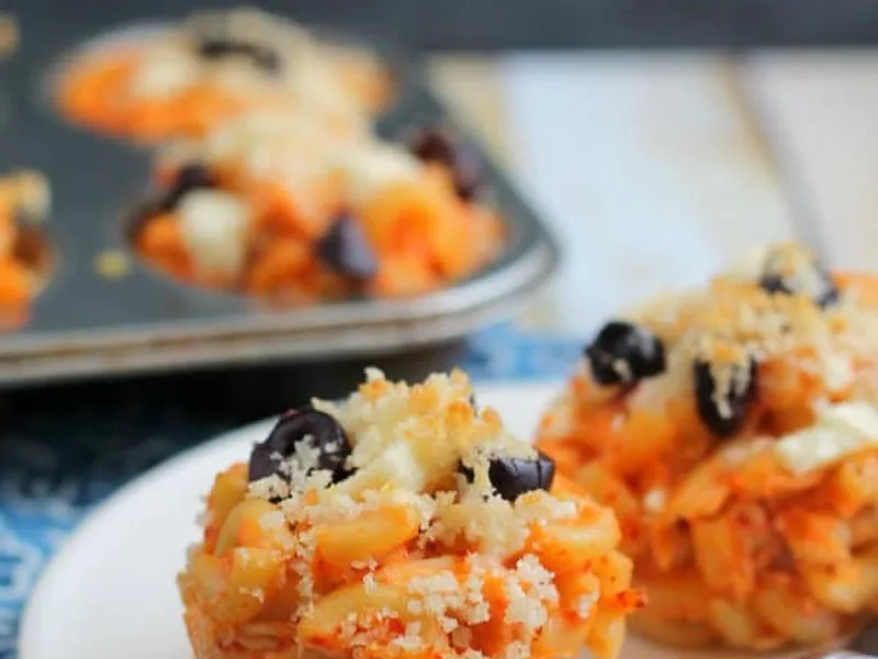 Greek Chicken Mac and Cheese Muffins with Feta and Olives
