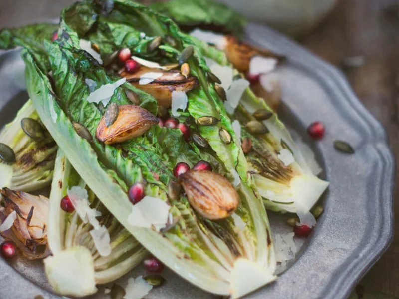 Grilled Romaine Caesar with Pomegranate and Pepitas