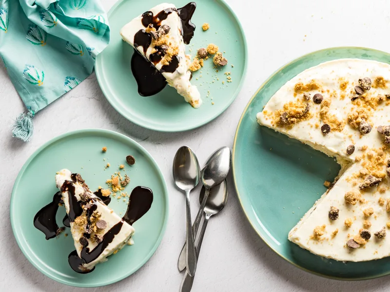 Crunchy Chocolate Chip Ice Cream Pie with Hot Fudge Sauce