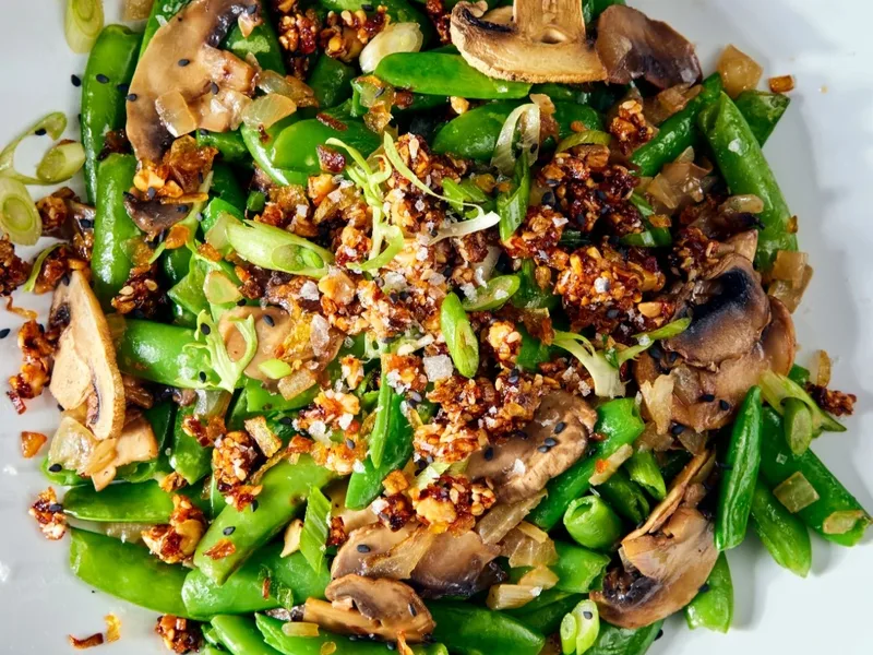 Maple Balsamic Snap Peas with Homemade Chili Crisp