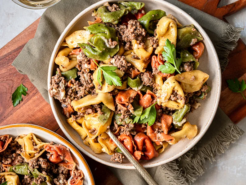 One-Skillet Cheesy Beef Tortelloni with Herbs