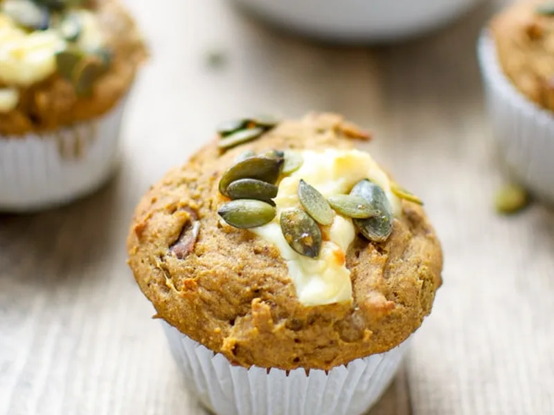 Naturally Sweetened Pumpkin Cream Cheese Muffins with Pepitas