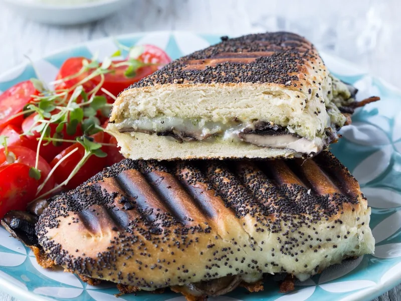 Cheesy Wild Mushroom Panini with Pesto Mayo