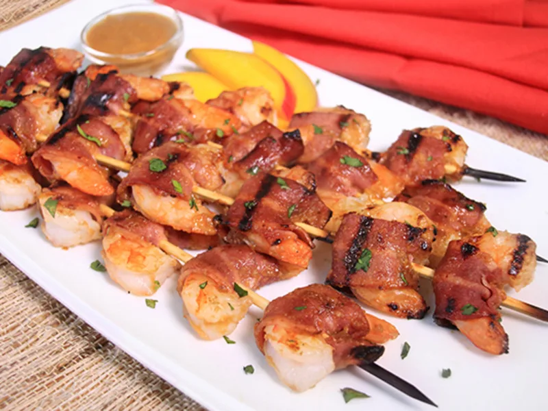 Bacon-Wrapped Shrimp Skewers with Mango-Balsamic Glaze