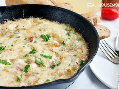 Caramelized Onion Bacon Skillet Dip with Gruyere