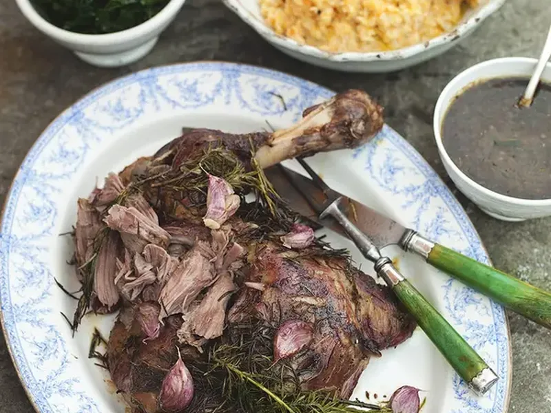 Slow-roasted lamb shoulder with smashed root veg