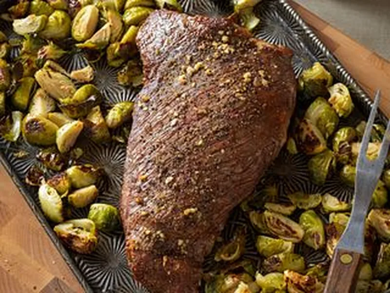 One Pan Roasted Beef Tri-Tip with Crispy Brussels Sprouts