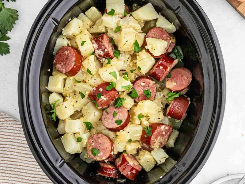 Slow Cooker Kielbasa and Potatoes with Dijon Mustard Glaze