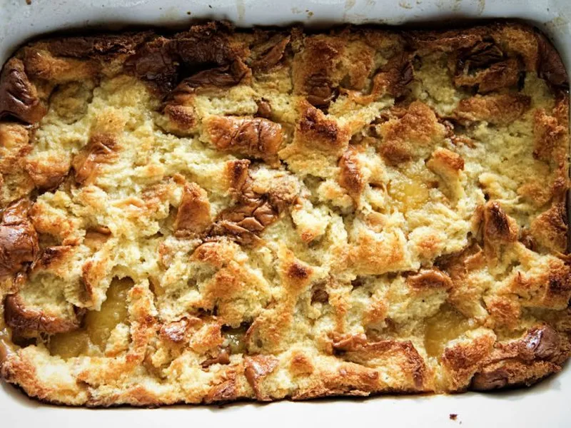 Sweet Tea Bread Pudding with Lemon Curd and Caramel Sauce