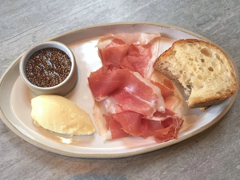 Prosciutto with Parmesan Butter and Balsamic Pickled Mustard