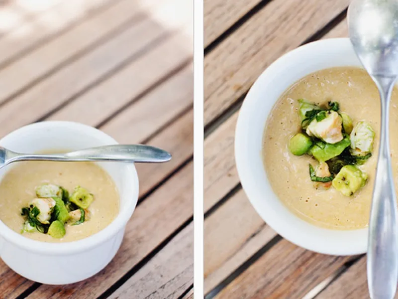 Roasted Shrimp Summer Corn Soup with Avocado Salsa
