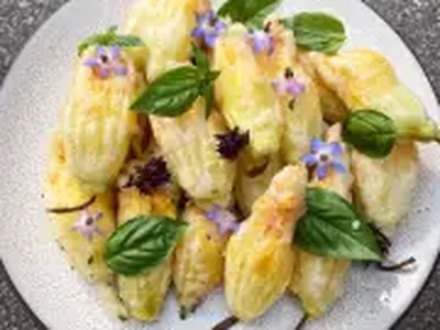 Crispy Ricotta-Stuffed Squash Blossoms with Sourdough Tempura