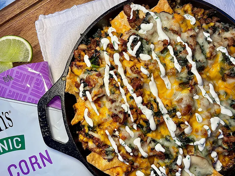 Loaded Mushroom Kale Nachos with Italian Sausage and Gruyere