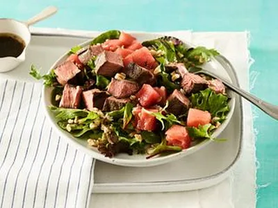 Sous Vide Top Sirloin with Farro and Compressed Watermelon