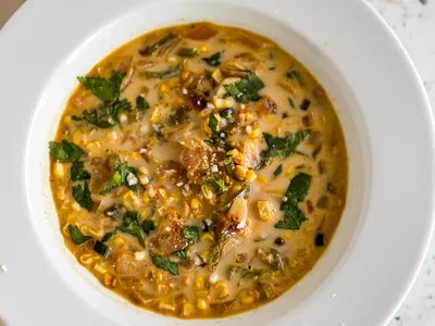 Roasted Corn and Poblano Soup with Cotija