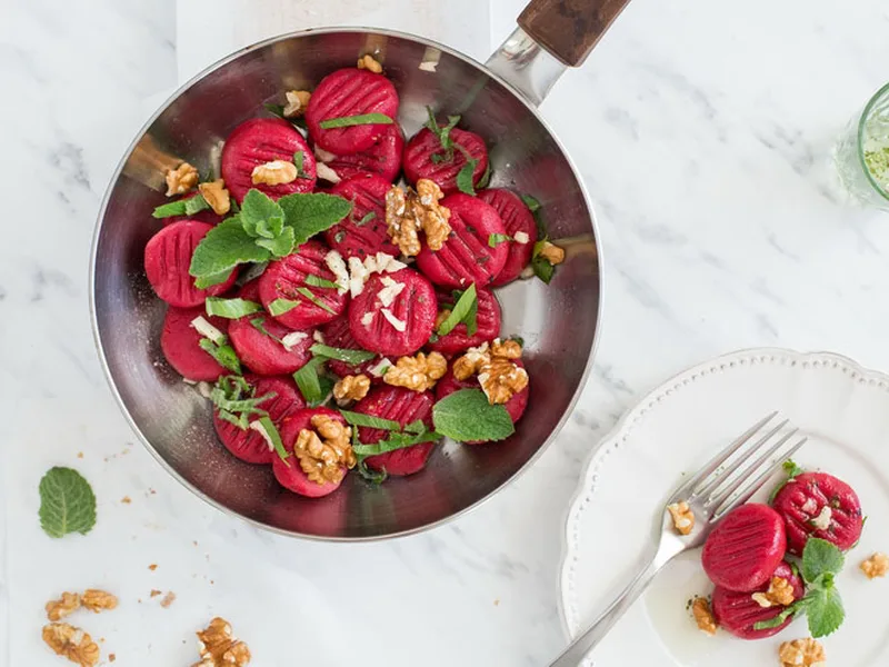 Roasted Beet Gnocchi with Walnuts and Fresh Herbs