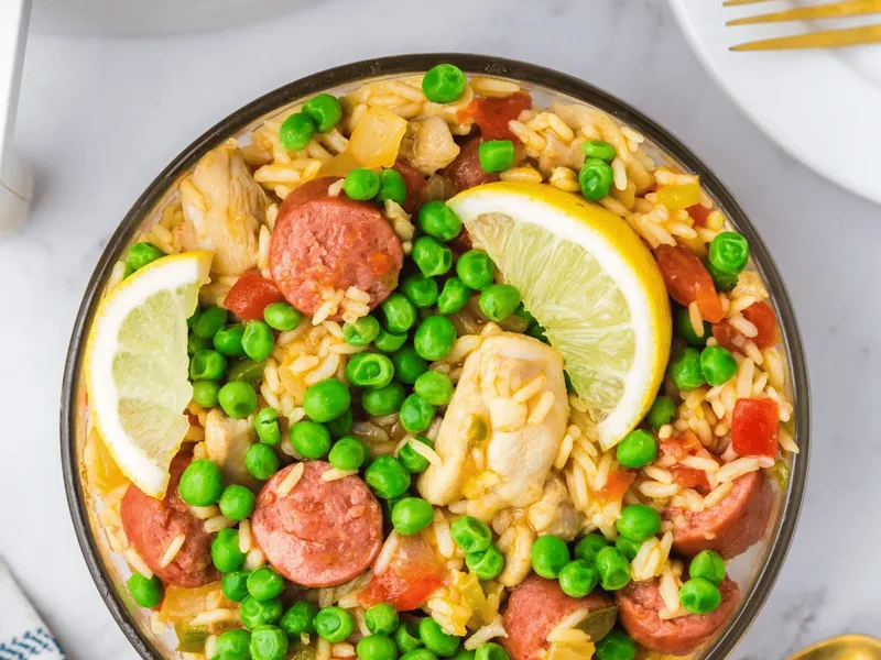 Air Fryer Chicken and Chorizo Paella with Saffron Rice