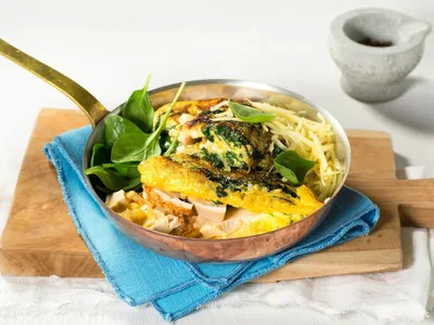 Leek and Spinach Omelet with Grilled Chicken