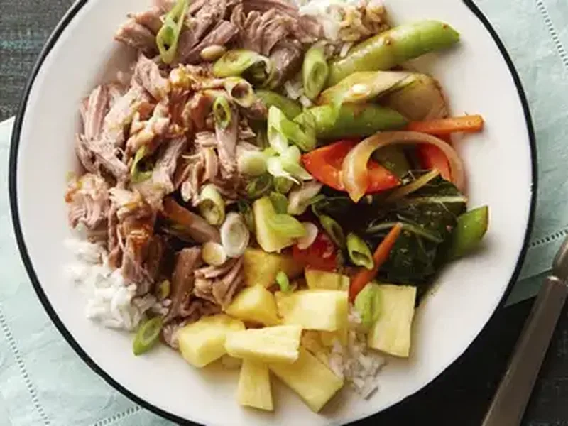 Slow Cooker Hawaiian Pork Rice Bowls with Teriyaki Vegetables