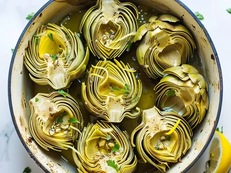 Dutch Oven Braised Artichokes with Lemon and Garlic