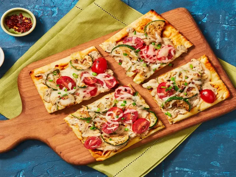 Roasted Garlic Veggie Flatbreads with Creamy White Sauce