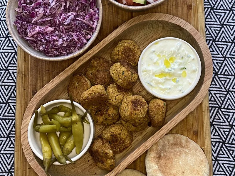 Baked Falafel with Israeli Cabbage Slaw and Tzatziki