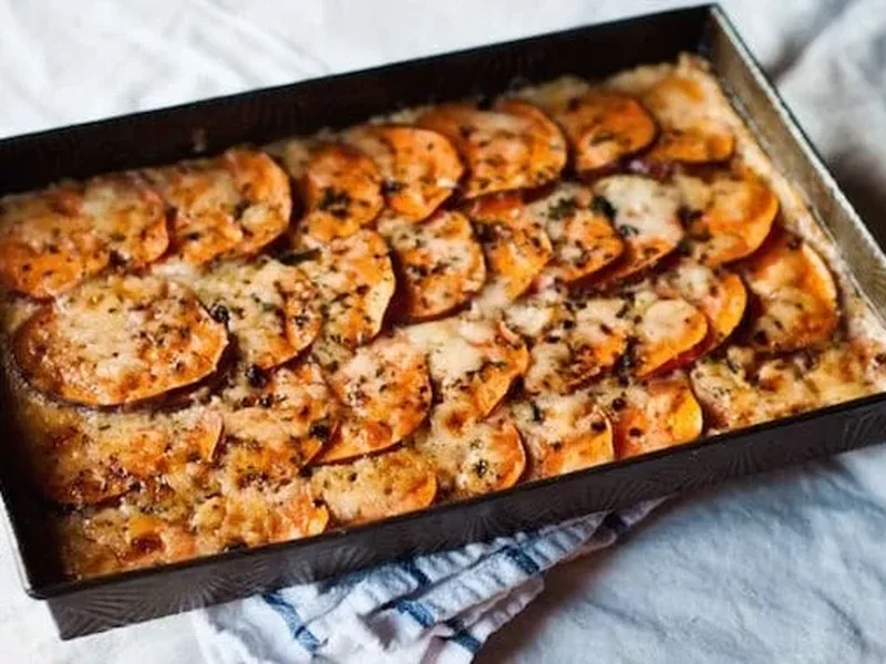 Aged Havarti Scalloped Sweet Potatoes with Chili Flakes