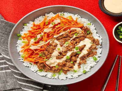 Sesame Soy Beef Bowls with Shredded Carrots and Sriracha Mayo