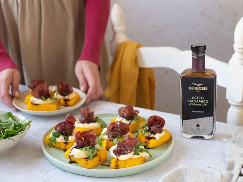 Crispy Polenta Bites with Parmigiano Cream and Bresaola
