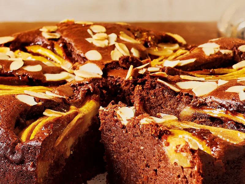 Chocolate Pear Frangipane Cake with Almonds