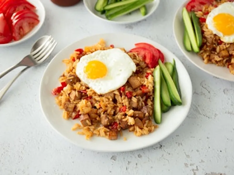 Indonesian Fried Rice with Crispy Tofu and Runny Fried Egg