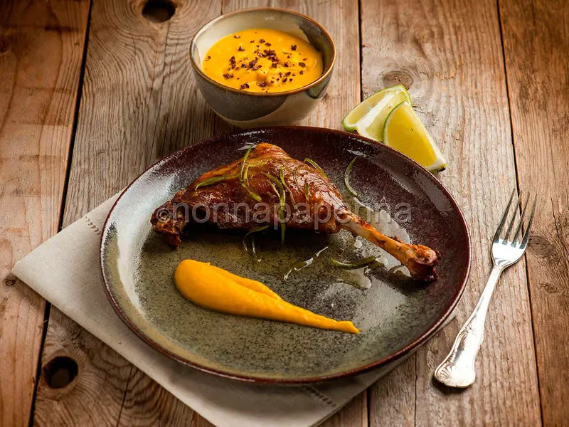 Sous Vide Goose Leg with Bergamot and Pumpkin Cream