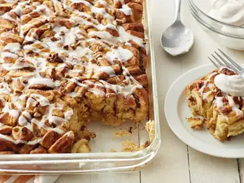 Pumpkin-Cinnamon Roll Bake with Spiced Whipped Cream