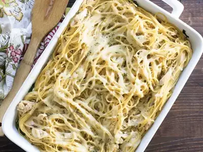 Million-Dollar White Spaghetti Casserole with Chicken and Spinach