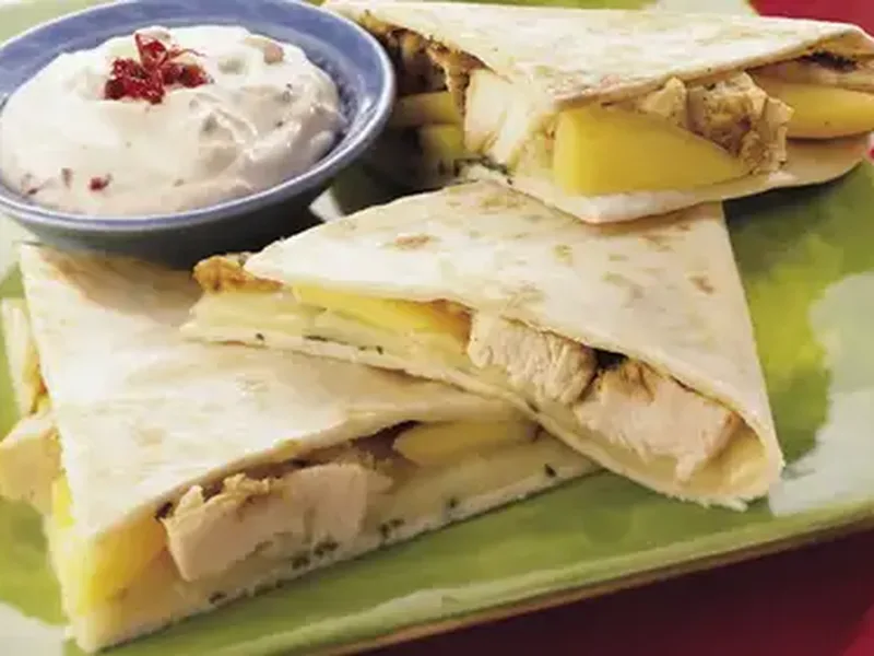 Chicken and Monterey Jack Quesadillas with Mango and Chipotle Cream