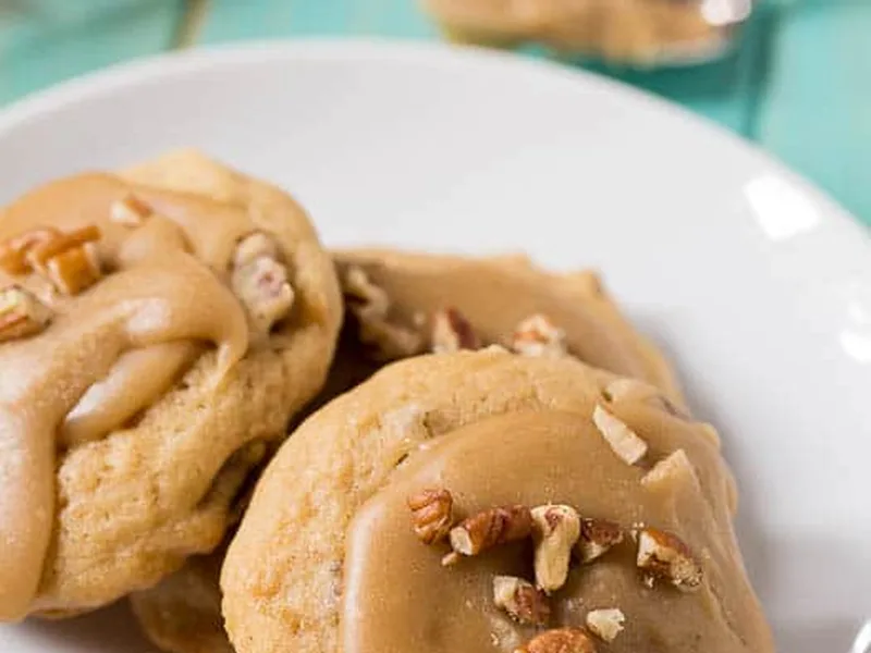 Caramel Frosted Brown Sugar Cookies with Pecans