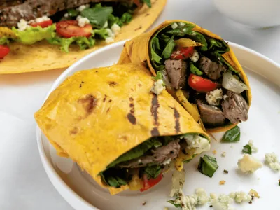 Seared Beef Flank Steak Wraps with Roasted Peppers