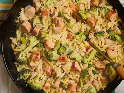 Quorn Sausage and Broccoli Orzo with Garlic Herb Cream