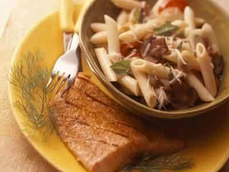 Grilled Cajun Salmon with Vegetable Mostaccioli